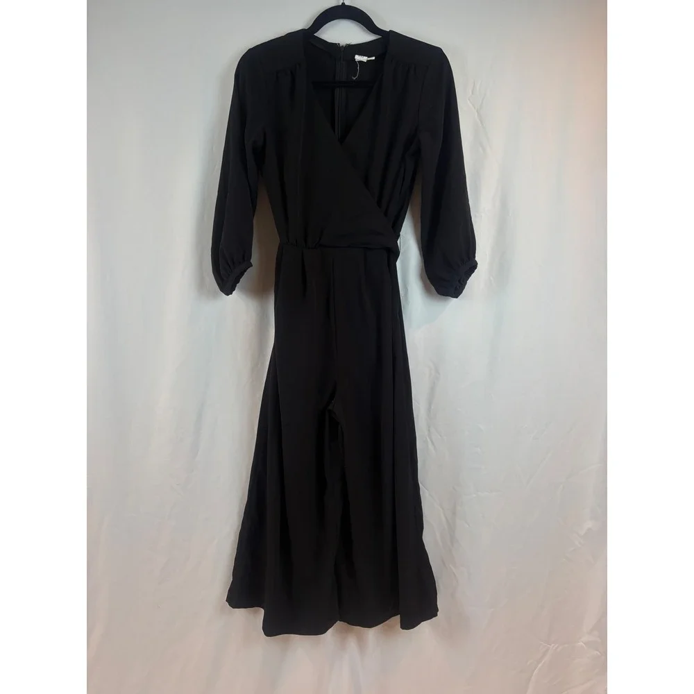 Black Wrap‎ V-Neck Jumpsuit 3/4 Sleeve Wide Leg Belted One-Piece Romper